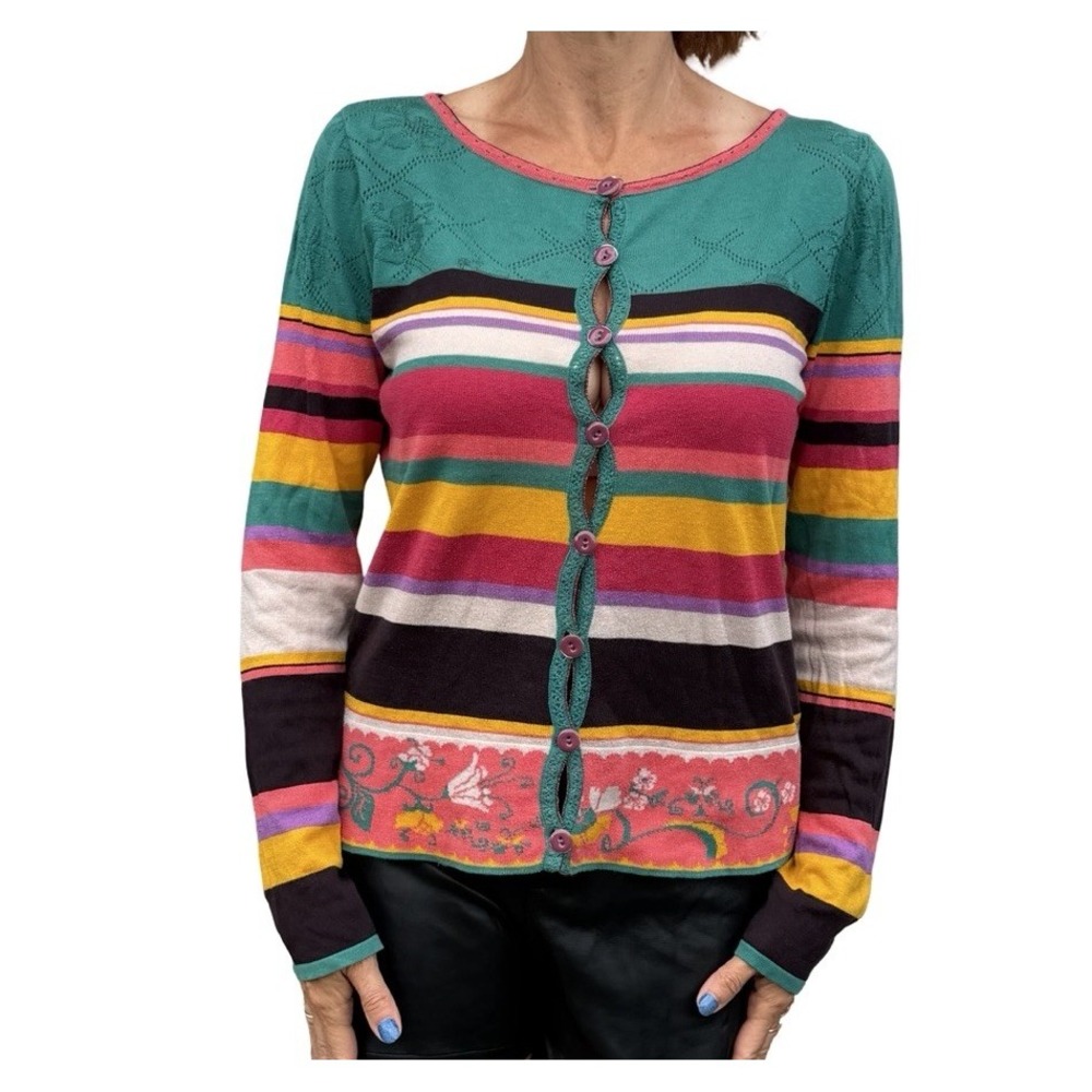Ivko Woman Folk-design  Cardigan Sweater Cotton Whimsical Striped Vintage 38 M